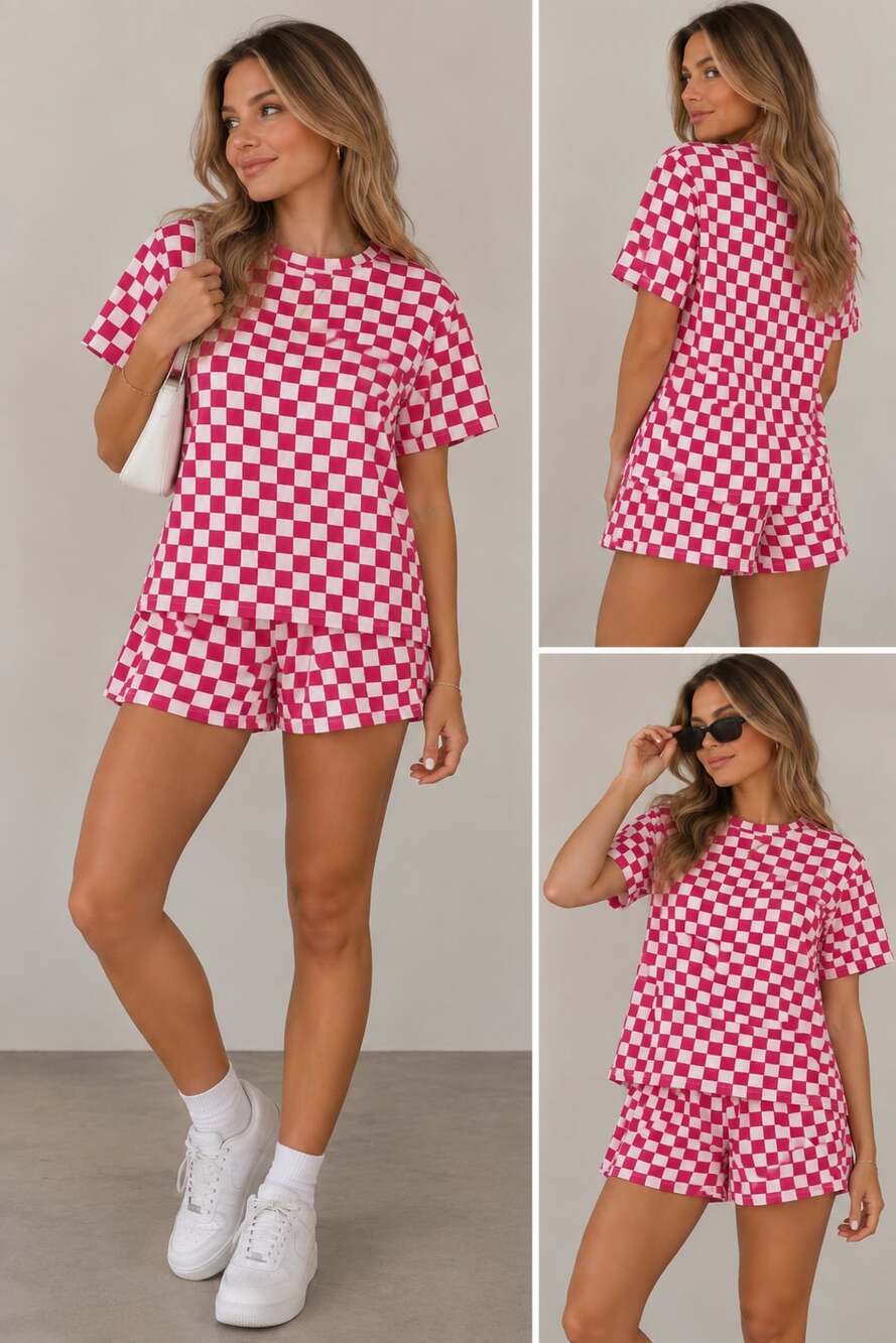Pink and White Checkerboard Crop Top and Skort 2-Piece Set small new